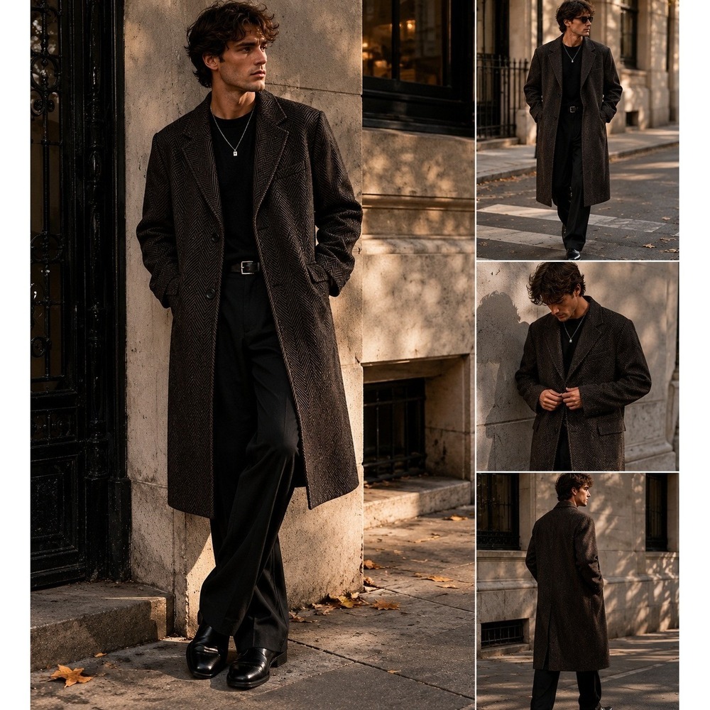 Club Monaco‎ Mens Medium Brown Herringbone Wool Topcoat Dark Academia Preppy